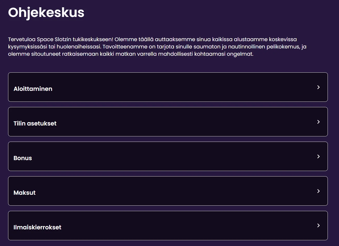 Space Slots Casino asiakaspalvelu